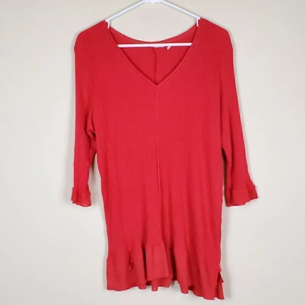 Soft Surroundings Red Knit Ribbed Vneck Half Sleeve Sweater